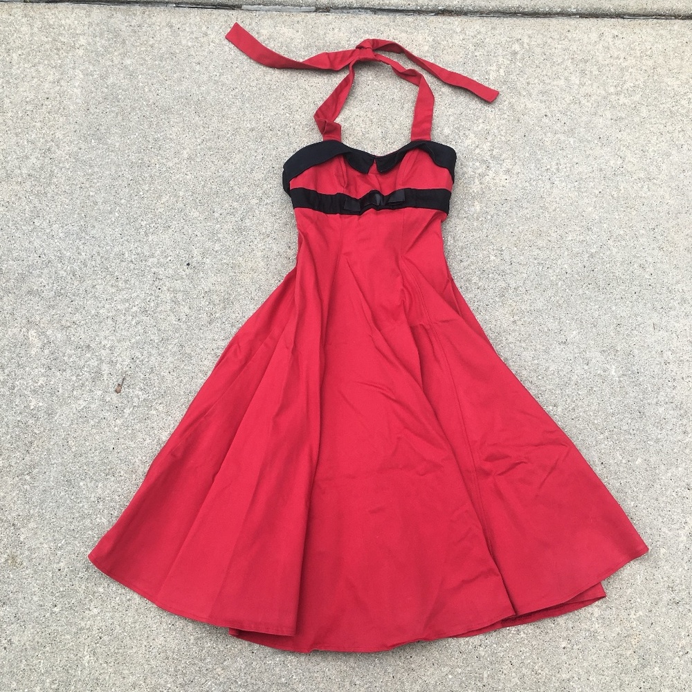 Unique Vintage red & black Rockabilly Pinup halter dress  Small